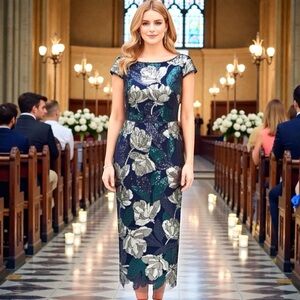 Marchesa Notte Sequin Illusion Midi Dress Navy Teal Silver Purple Flowers Sz 6